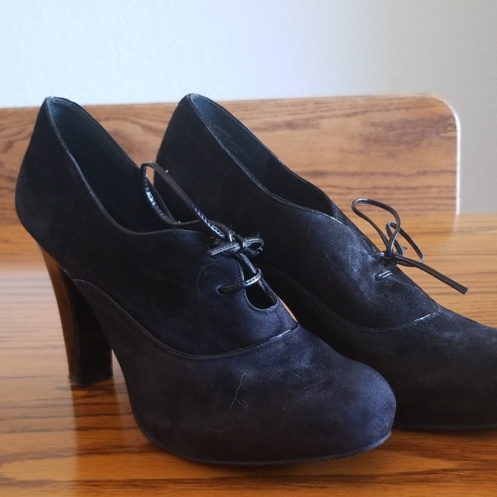 Black suede high heeled bootie